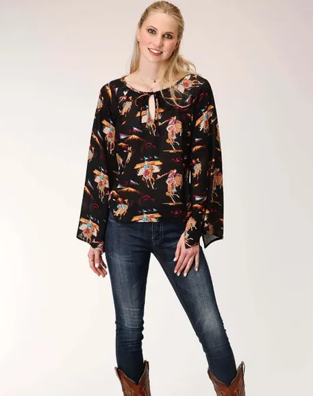 03-050-0590-6096 Roper Wms L/S Blouse Black Rodeo Boho Printed Blouse