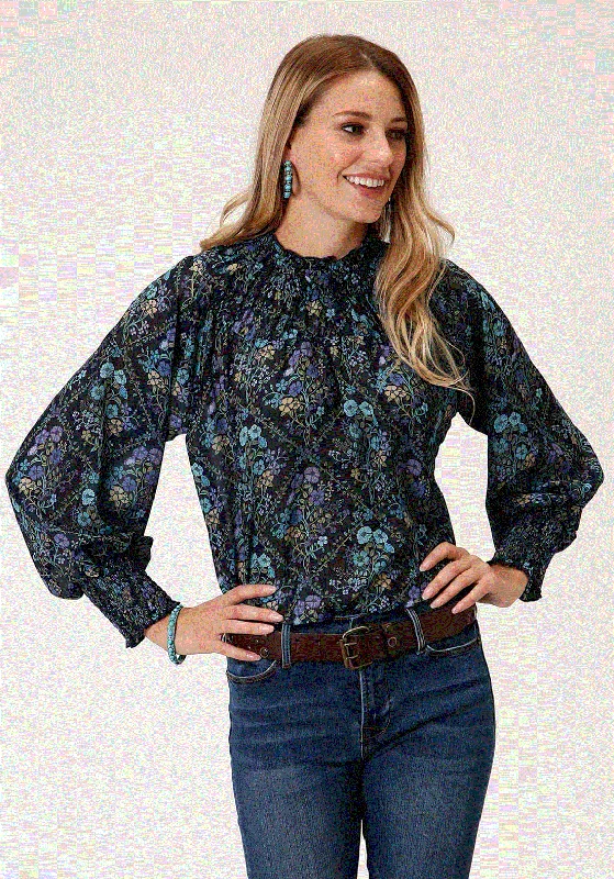 03-050-0590-7026 Roper Women's Studio West LS Blouse Blue Lightweight Tunic Blouse