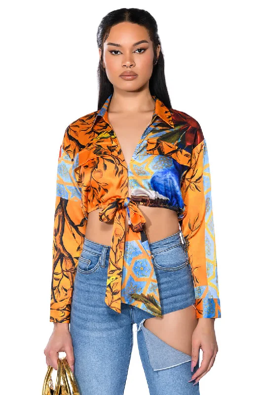 AUDREY PRINTED TIE FRONT BLOUSE Ruffled Neck Blouse