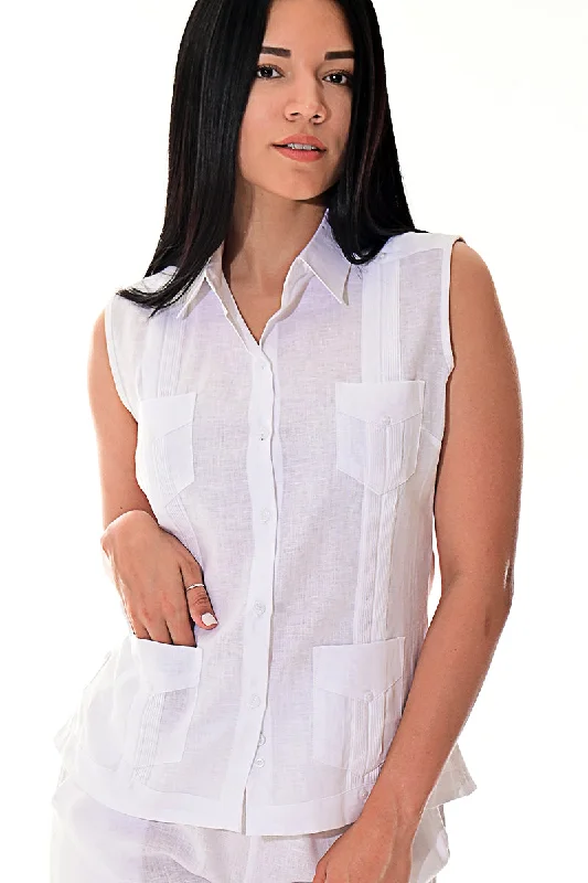 Azucar Ladies 100% Soft Linen Traditional (4) Pocket Guayabera Blouse in (5) Colors- LLGB3006 Sweetheart Neck Blouse