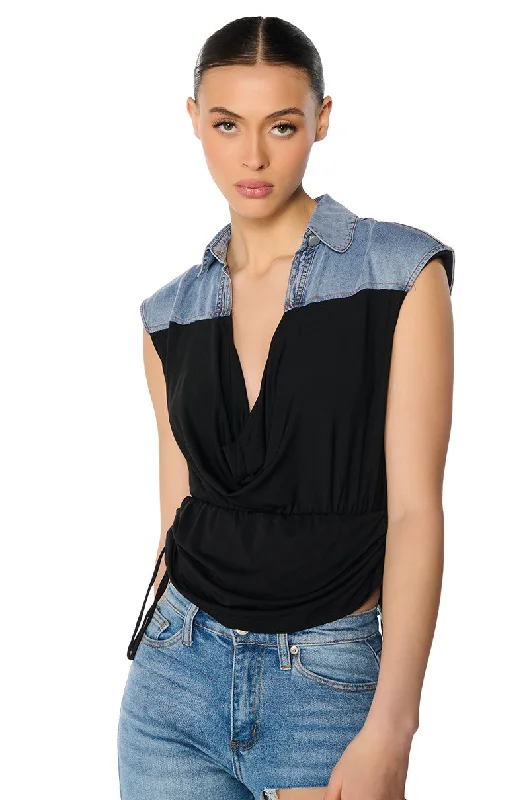 BLAME GAME DENIM DETAIL CAP SLEEVE ADJUSTABLE BLOUSE IN BLACK Wrap Front Blouse