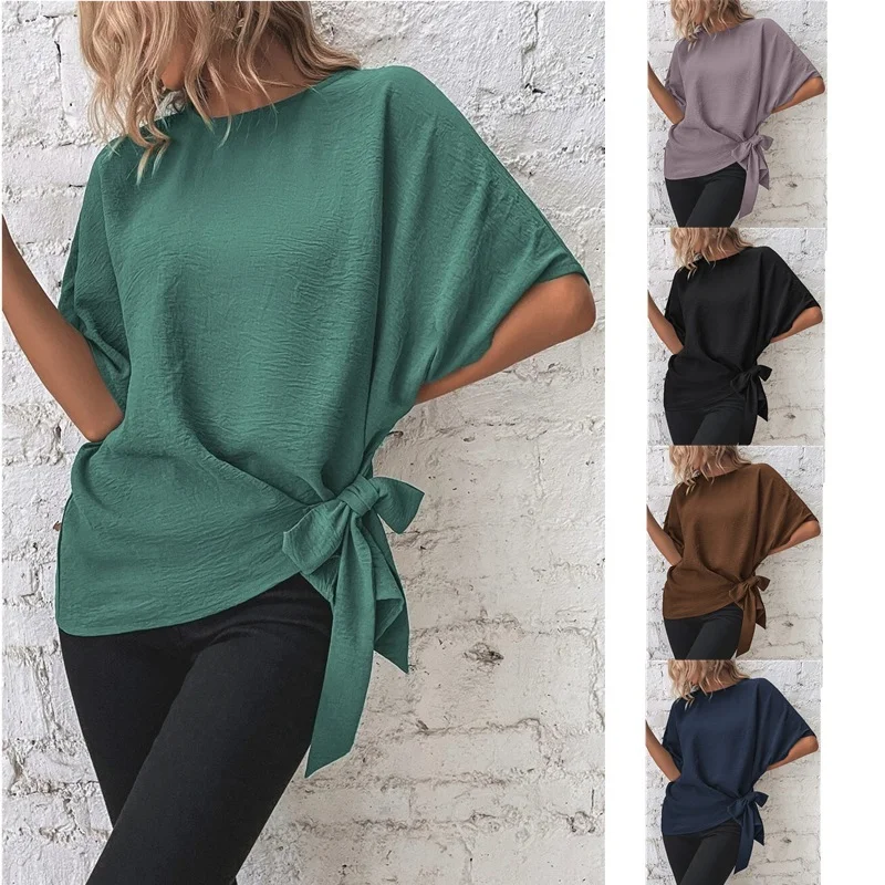 Casual Women Summer Solid Color Dolman Sleeve Hem Knotted Loose Top Blouse Peter Pan Blouse