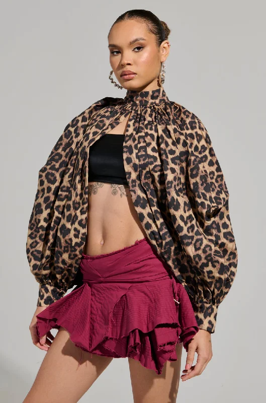 DANGEROUS GIRL LEOPARD LONG SLEEVE PUFF BLOUSE Satin Drape Blouse