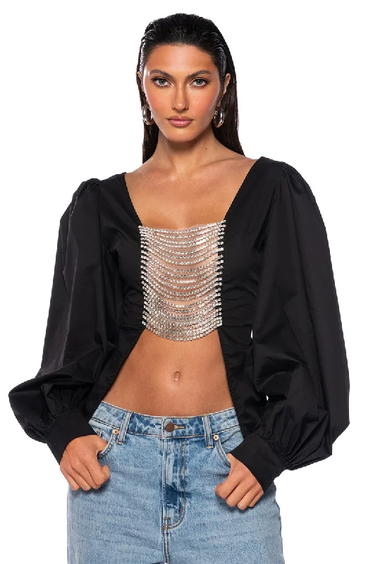 DARE ME RHINESTONE OPEN BACK BLOUSE Silky Draped Blouse