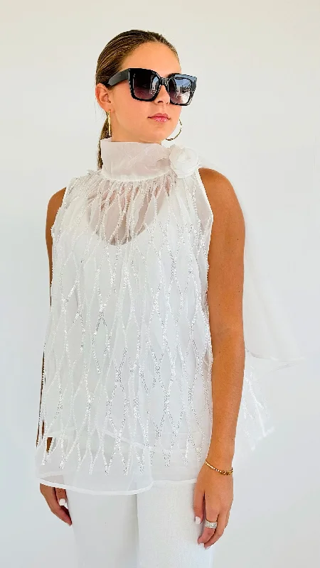 Embellished Sheer Bow Blouse Versatile Layering Blouse