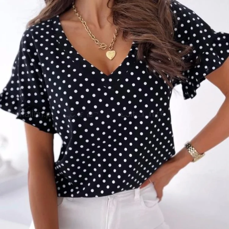 Fashion Casual Elegant Women'S Short-Sleeved White Polka-Dot Print Ruffled V-Neck Blouses Casual Stripe Blouse