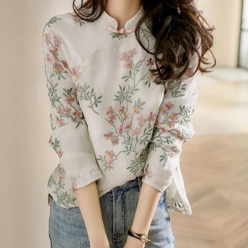 Fashion Vintage Women Cheongsam Pattern Long Sleeve Floral Embroidery Buttoned Blouse Elegant Semi-Sheer Blouse