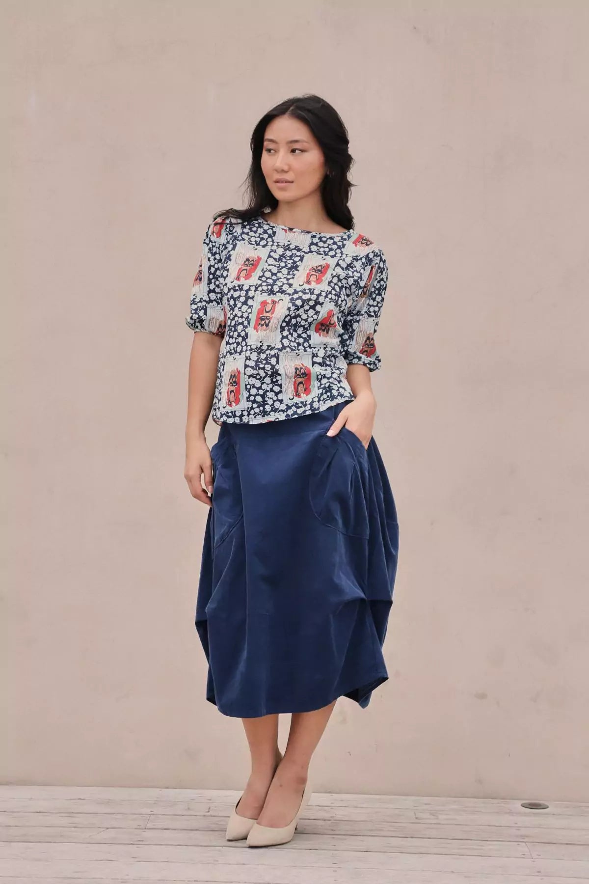 Felix Blouse Navy in Cotton Embroidered Floral Blouse