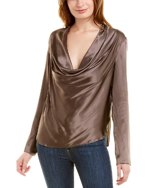 Halston Aviana Charmeuse Silk-Blend Blouse Ruched Sleeve Blouse