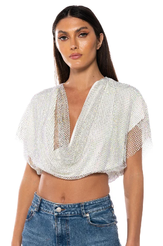 INDIGO DRAPED RHINESTONE MESH BLOUSE Oversized Silk Blouse