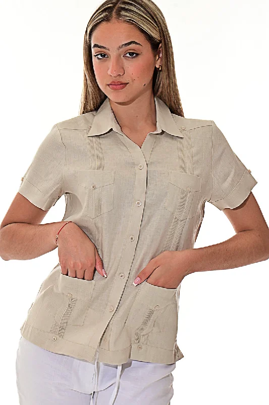 Ladies 100% Soft Linen Traditional (4) Pocket Short Sleeve Guayabera Blouse in (5) Colors - LLGB3008 Modern Work Blouse