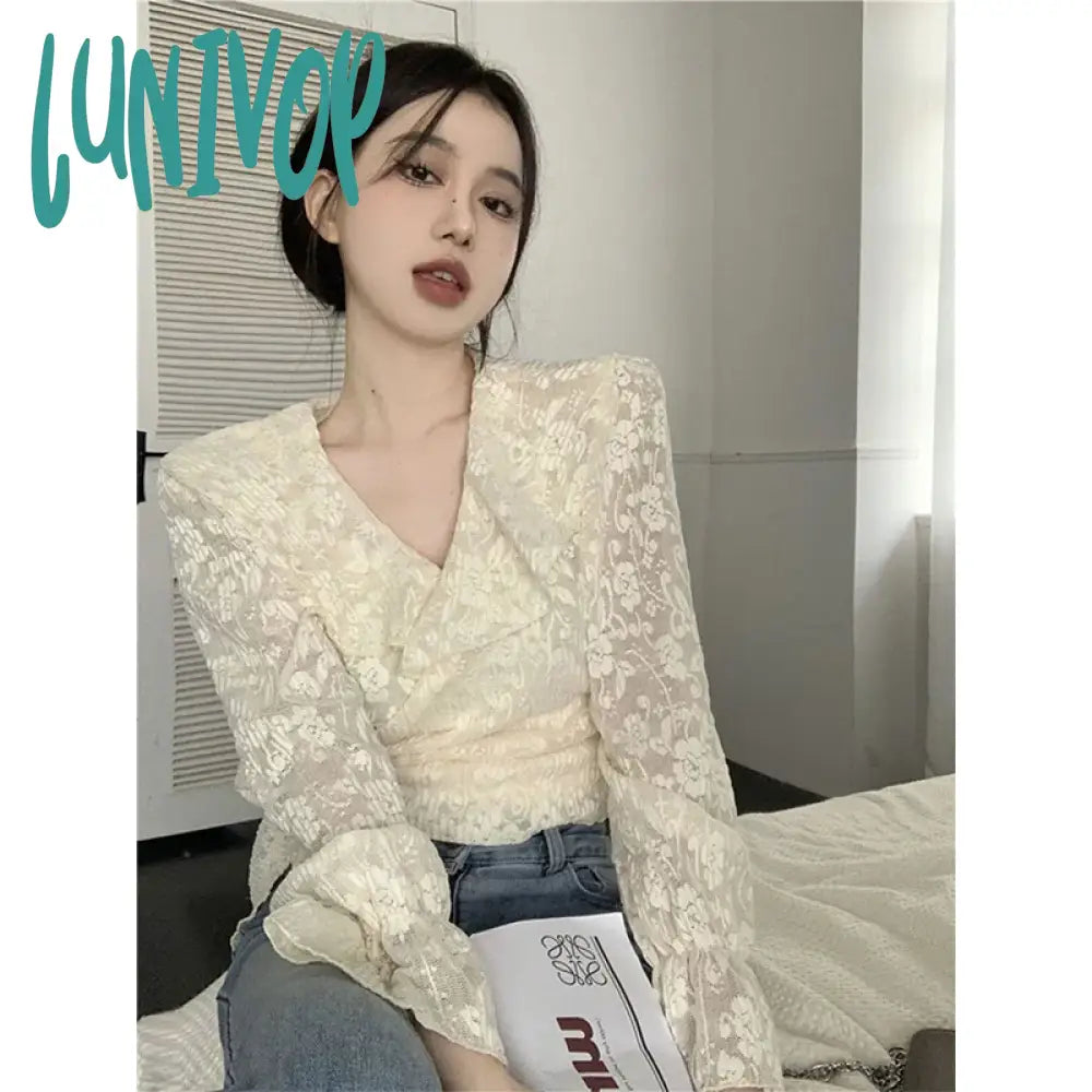 Lunivop Elegant Lace Cropped Blouses Women Vintage Bandage Long Sleeve Shirts Korean Designer Simple V Neck Slim Crop Tops New Collared Satin Blouse