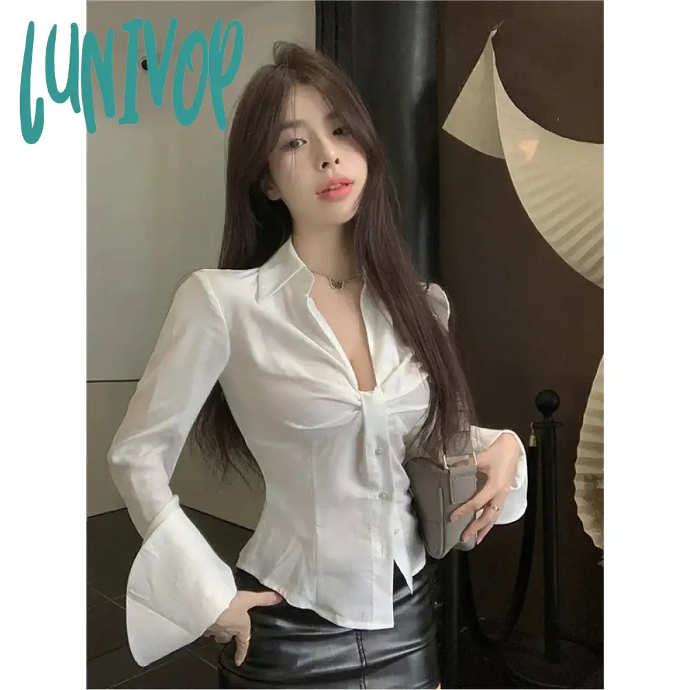 Lunivop Elegant White Shirts Women Sexy V Neck Folds Blouses Summer Streetwear Korean Flare Long Sleeve Slim Chic Crop Tops New Floral Chiffon Blouse