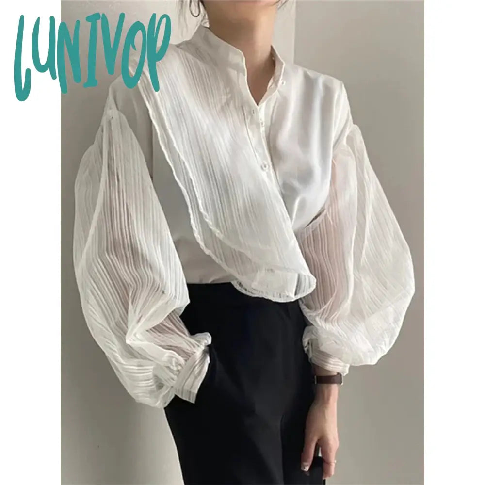 Lunivop Elegant White Shirts Women Vintage Mesh Patchwork Long Sleeve Blouses Summer Ladies Korean Black Tulle Sheer Chic Tops New Loose Oversized Blouse