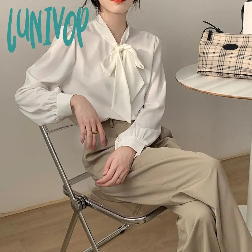 Lunivop Spring Solid Shirts Women Elegant Long Sleeve Bow Simple Chiffon Blouses Office Lady Korean Fashion Casual All Match Tops Airy Cotton Blouse