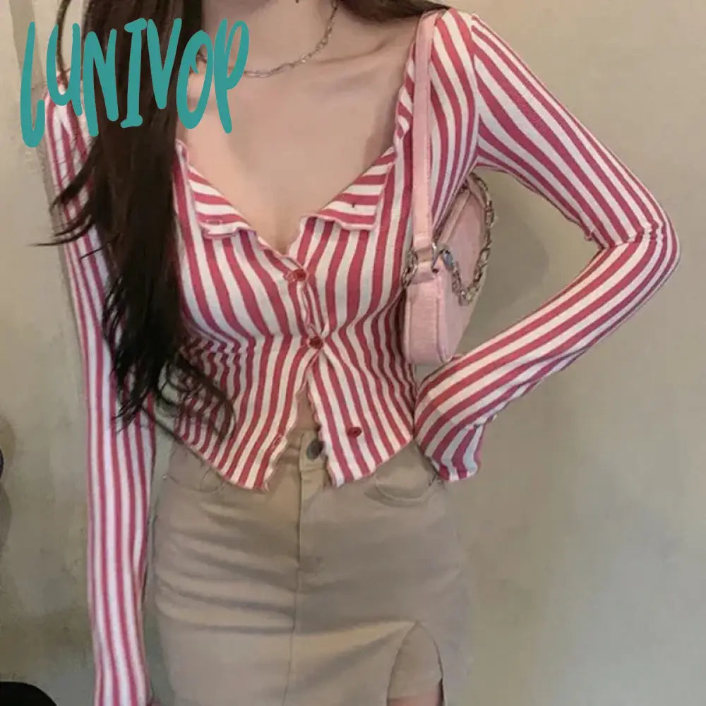 Lunivop Vintage Striped Shirts Women Y2K Tunic Slim Crop Tops Streetwear Korean Harajuku Long Sleeve Skinny Casual Blouses New Everyday Stylish Blouse