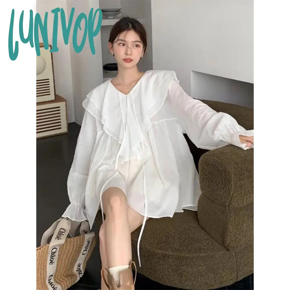 Lunivop Vintage Sweet Ruffles Shirts Women 4Xl White Elegant Oversize Sun-Proof Blouses Korean Cute Flare Sleeve Loose Casual Tops Slim Fit Blouse