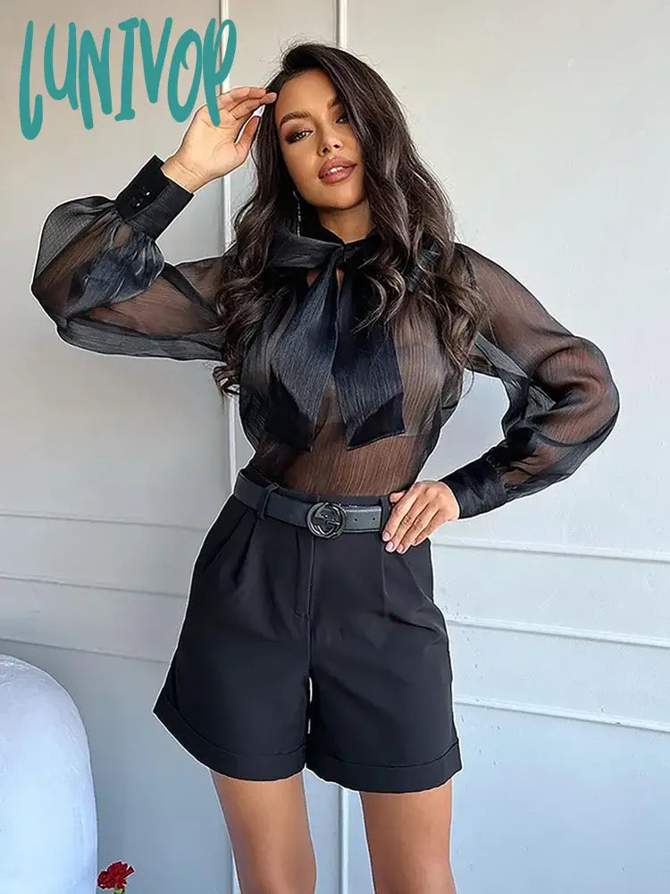 Lunivop Women Blouses Shirts Summer Chiffon See Throught Office Ladies Blouse Fashion Puff Sleeve Lace Up Shirts Tops Black Feminine Satin Blouse