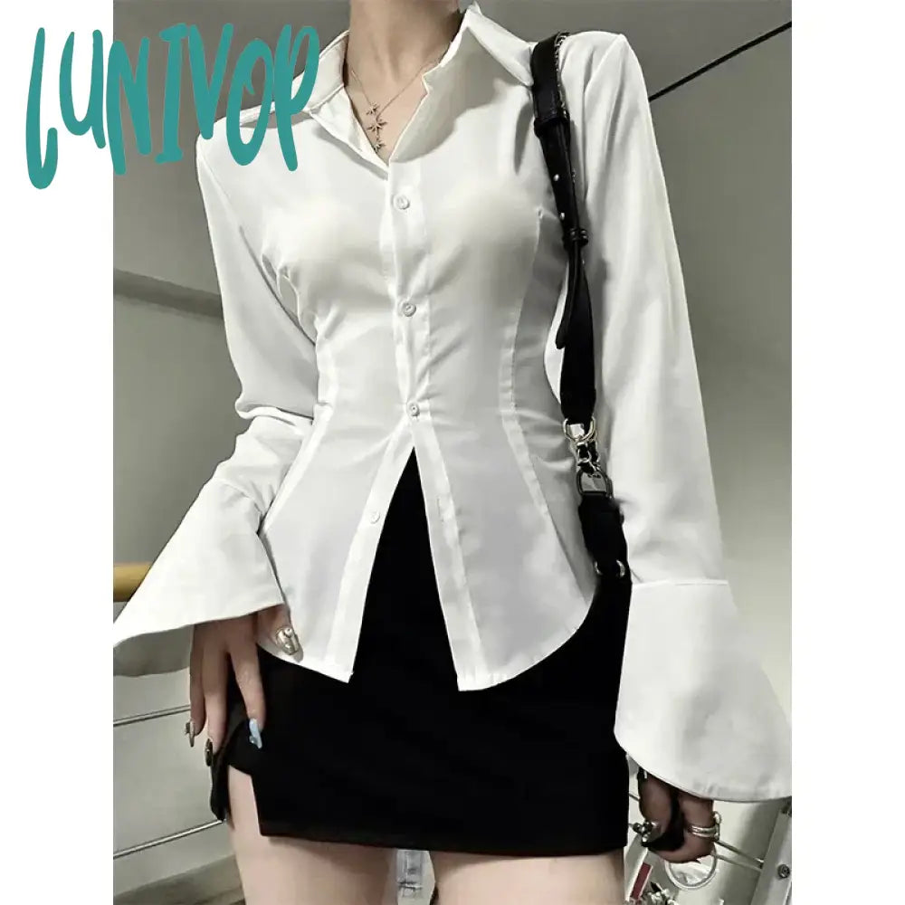 Lunivop Women Sexy Bodycon Chiffon Shirt Turn-down Collar Flare Sleeve Tunic Tops Bandage Design Vintage Female Blouses Spring 2024 Elegant Peplum Blouse