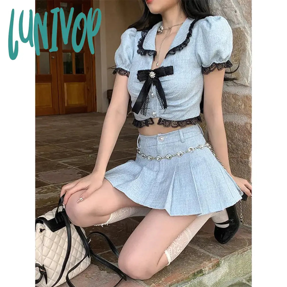 Lunivop Y2K 2 Piece Sets Women Outfit Vintage Cropped Bow Shirts Kawaii Sweet Lace Patchwork Blouses + Korean Pleated Mini Skirt Soft Modal Blouse