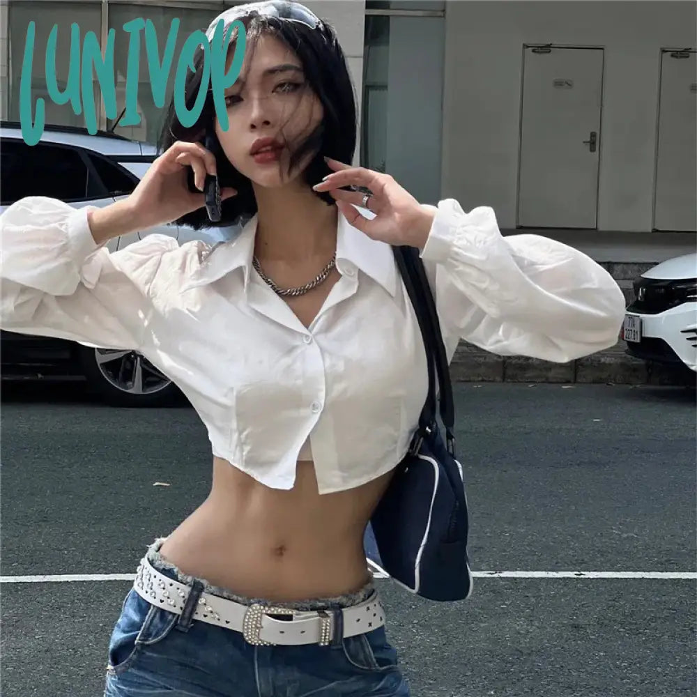 Lunivop Y2K 2000S Cropped White Shirts Women Sexy Hollow Out Long Sleeve Blouses Summer Streetwear Korean Slim Chic Crop Tops New Subtle Shimmer Blouse