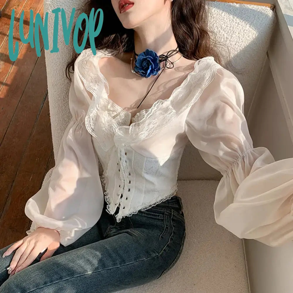 Lunivop Y2K Fairy Women Lace Ruffles Chiffon Blouses Cross Tie-Up Front Lantern Sleeve Shirts Fashion Spring Casual Crop Tops Elegant Silk Blouse