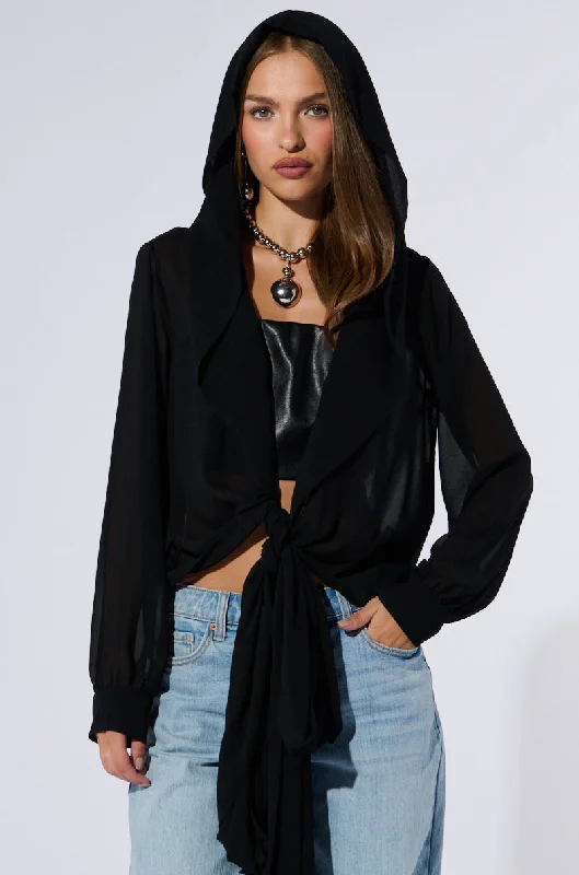 MARGO TIE FRONT BLOUSE WITH HOOD IN BLACK Casual Relaxed Fit Blouse