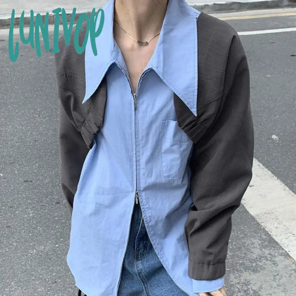 Lunivop Vintage Blue Shirts Women Streetwear White Zip Up Oversized Long Sleeve Chic Blouses Office Lady Korean Loose Casual Tops High Neck Blouse