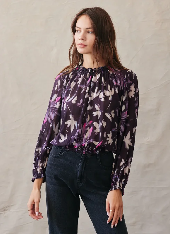 Plum Floral Print Dolby blouse Mandarin Collar Blouse