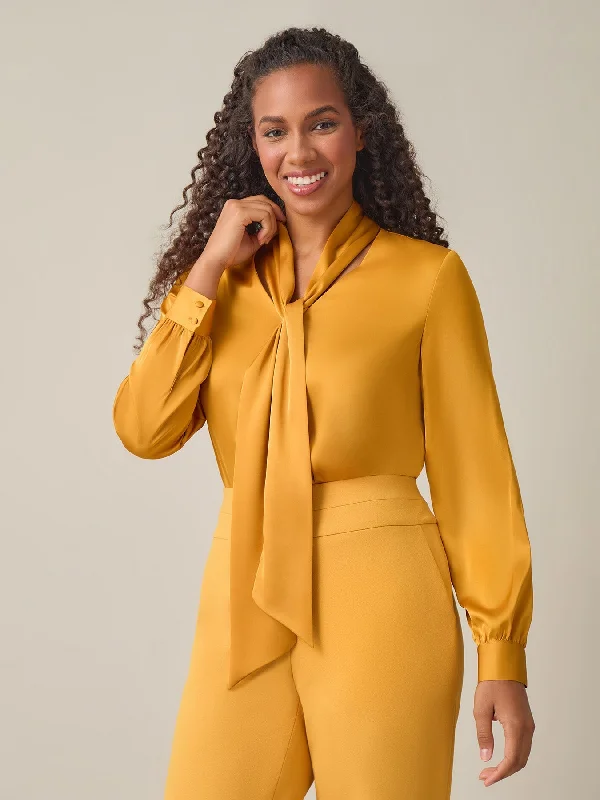 Plus Tie-Neck Long Sleeve Blouse, Gold Signature Delicate Pleat Blouse