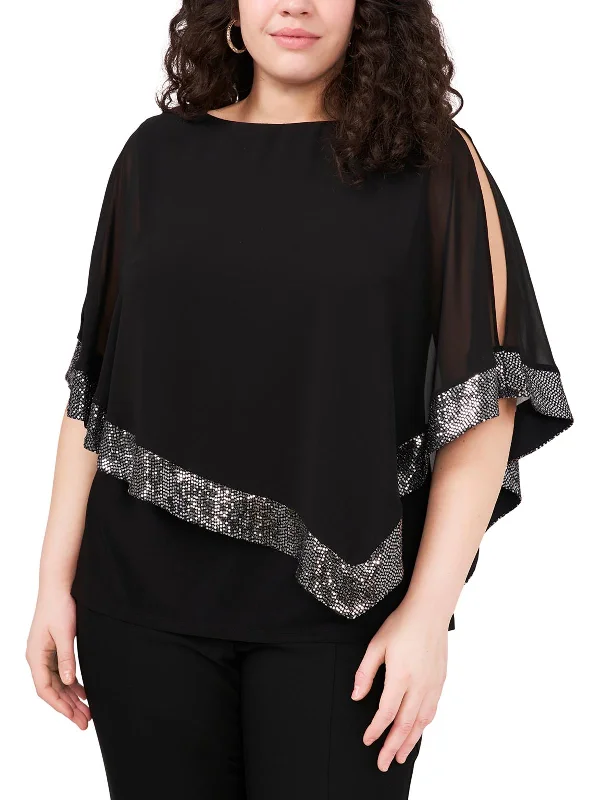 Plus Womens Sequined Cold Shoulder Blouse High Neck Blouse