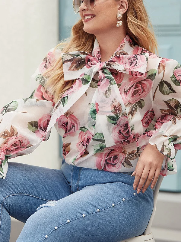 Plus Size Floral Print Tie Neck Sheer Blouse Bell Sleeve Blouse