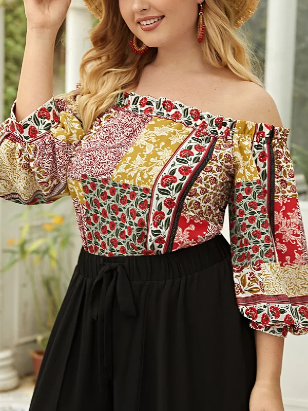 Plus Size Off Shoulder Bishop Sleeve Floral Print  Blouse Drape Neck Blouse