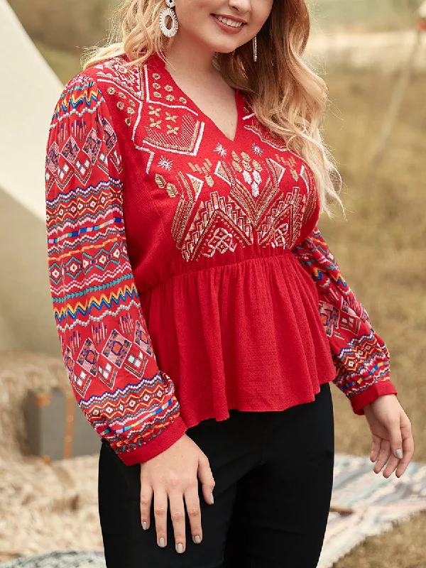 Plus Size V-Neck Embroidery Detail Peplum Blouse Lightweight Chiffon Blouse