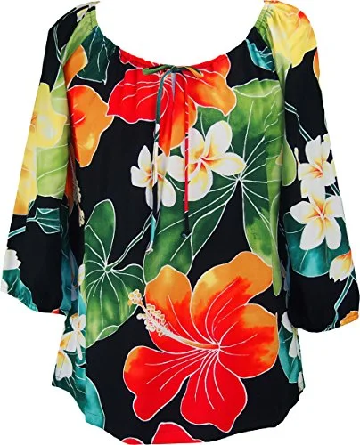 RJC Womens Bold Hibiscus Plumeria Peasant Blouse Smart Casual Blouse