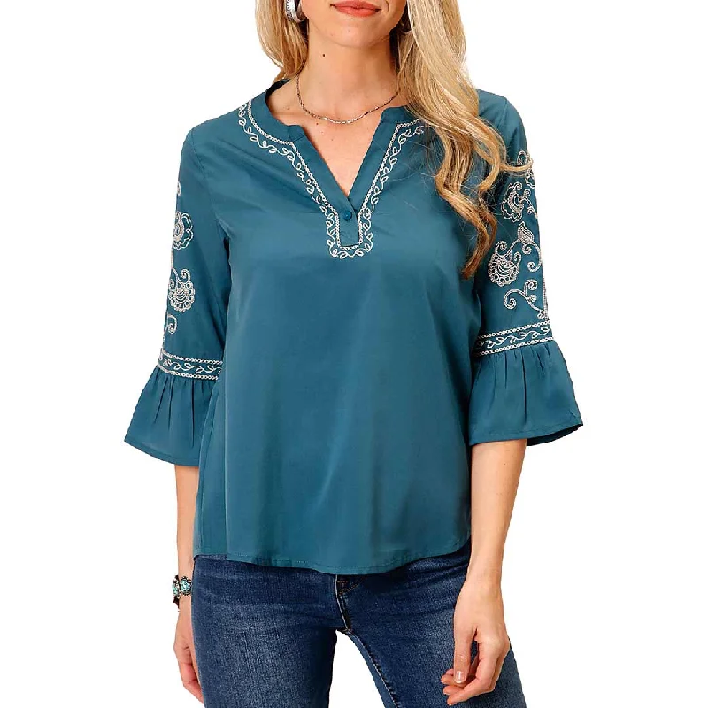 Roper Women's Embroidered 3/4 Sleeve Peasant Blouse Boho Printed Blouse