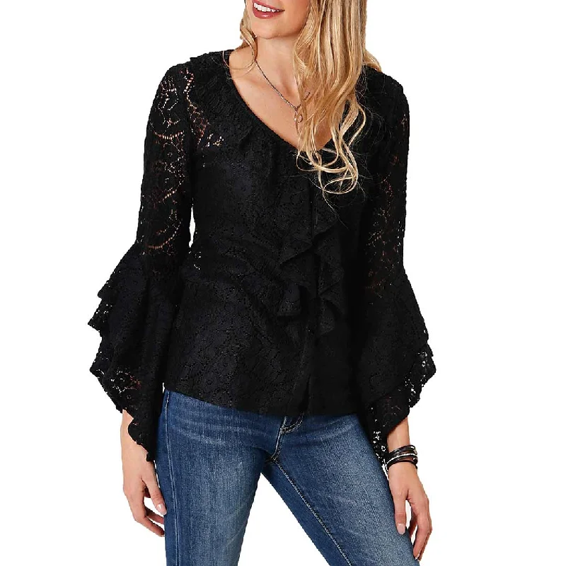 Roper Women's Bell Sleeve Lace Button-Down Blouse Off-Shoulder Wrap Blouse