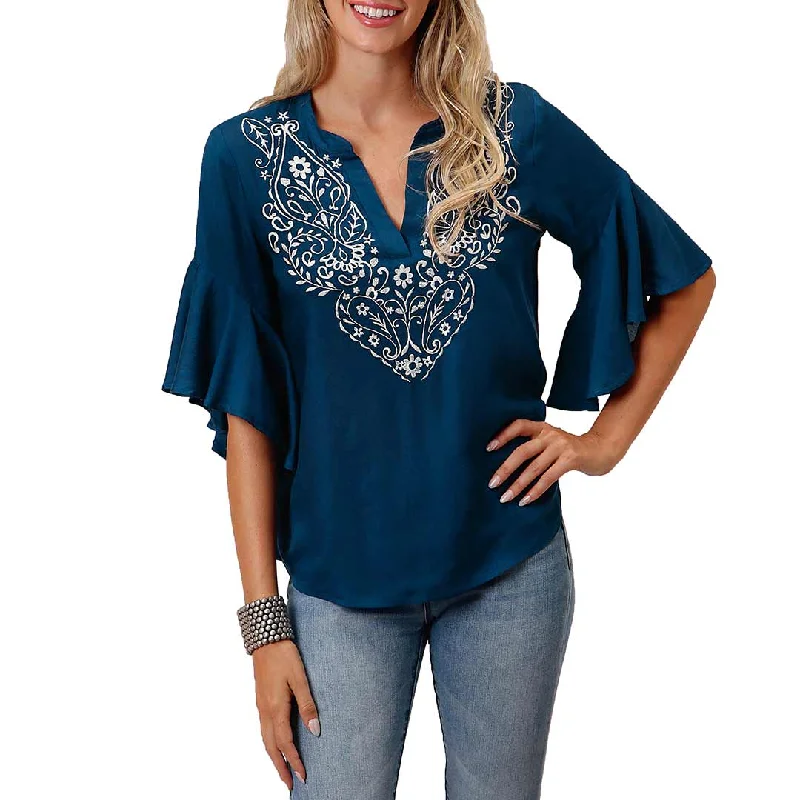 Roper Women's Embroidered Flutter Sleeve Blouse Silky Draped Blouse