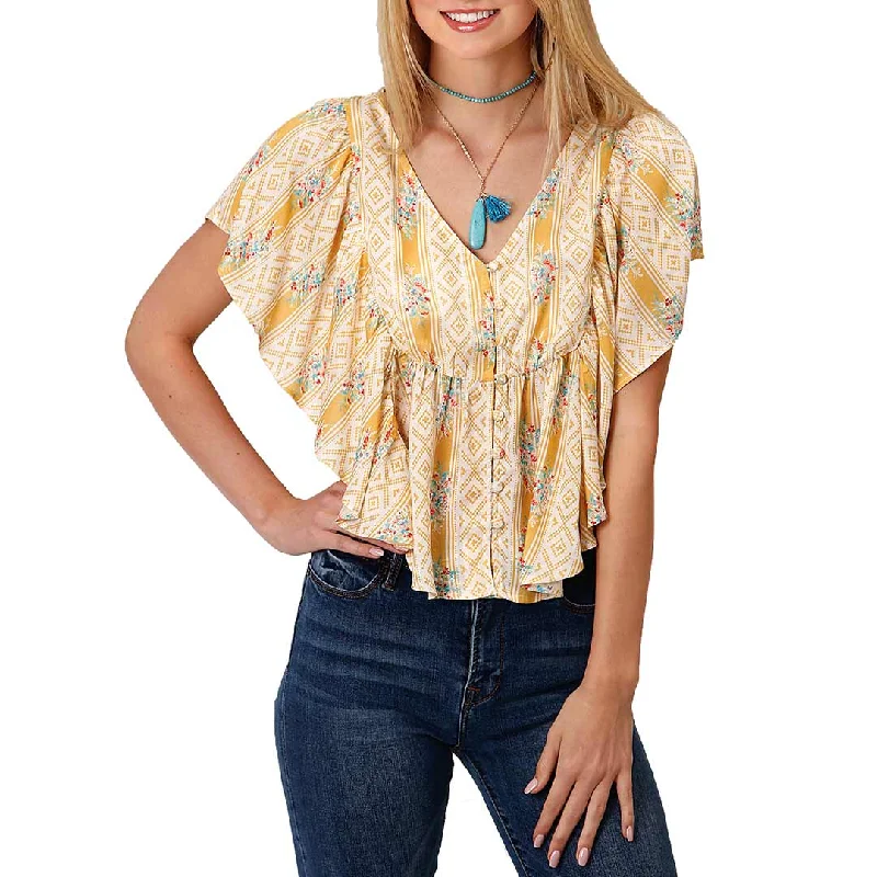 Roper Women's Geometric and Floral Ruffle Sleeve Blouse Off-Shoulder Wrap Blouse