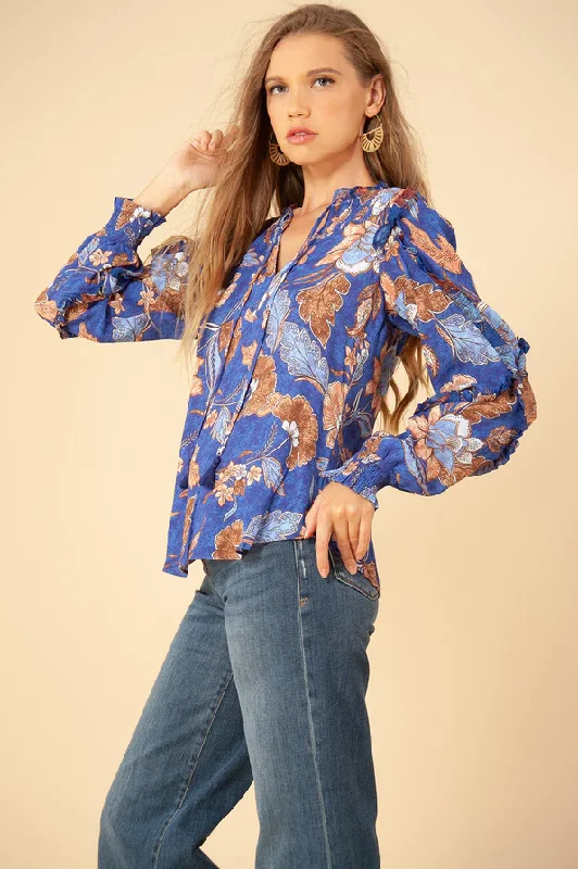 Savannah Ruffle Blouse in blue print Elegant Silk Blouse