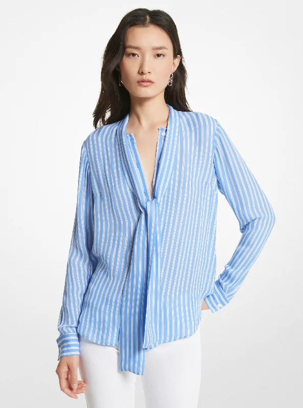 Stripe Silk Blouse Asymmetric Hem Blouse