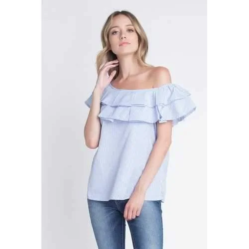 Women's Striped Off Shoulder Ruffle Stripe Blouse Collared Satin Blouse