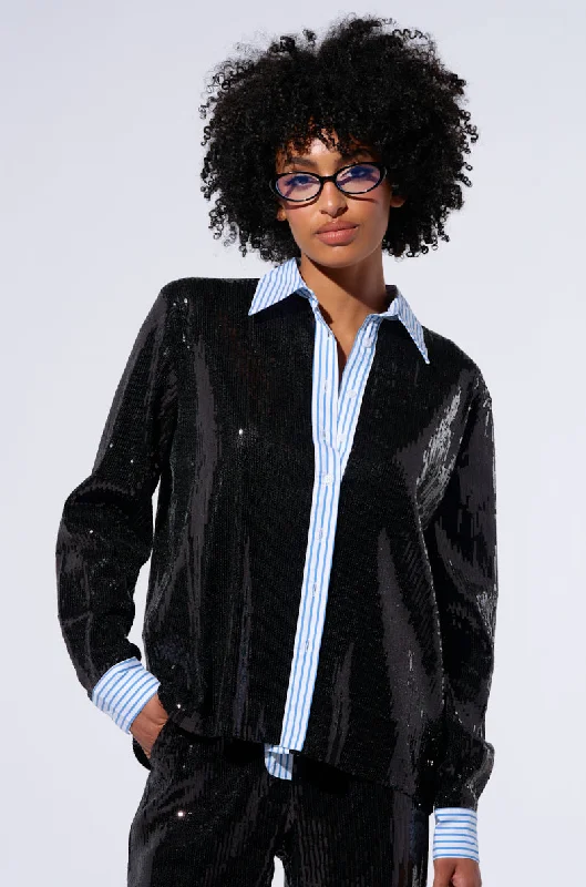 TRUE STORY SEQUIN BUTTON DOWN BLOUSE Off-Shoulder Wrap Blouse