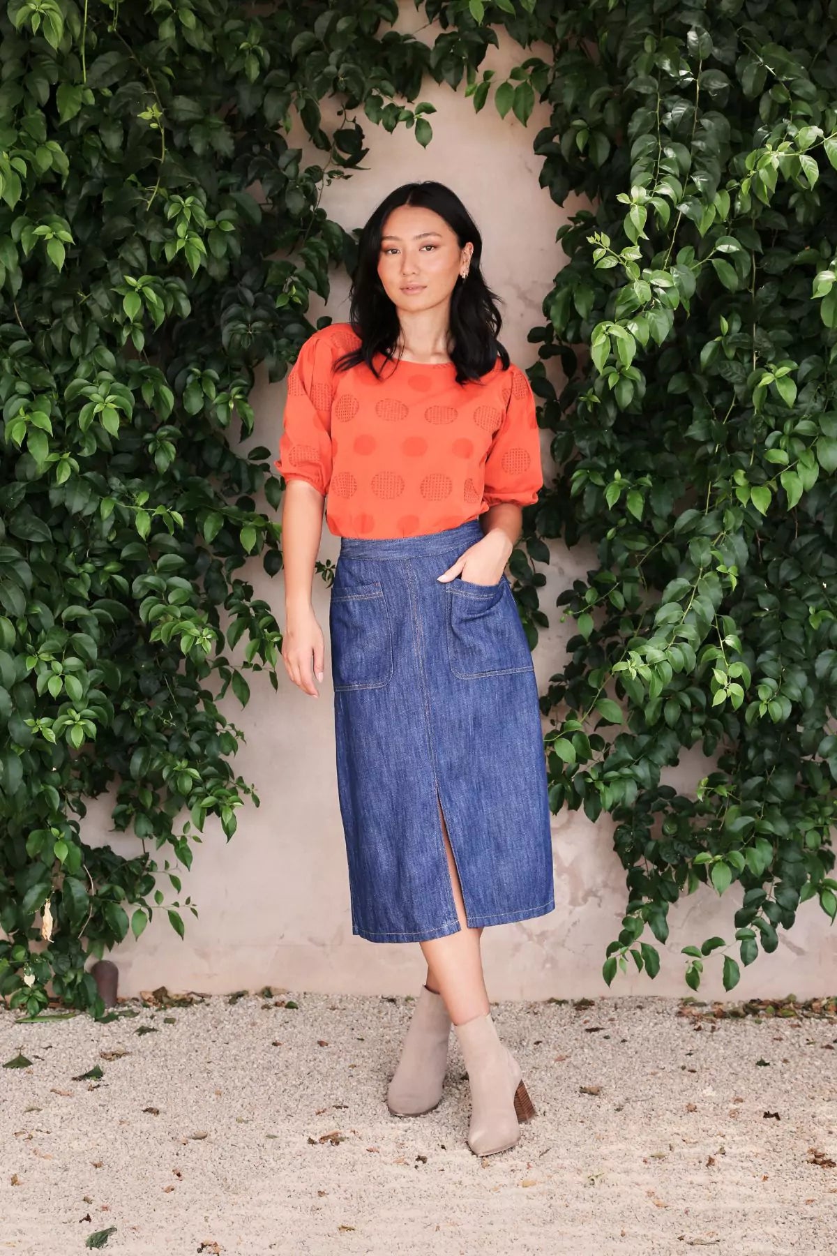 Universal Blouse Orange in Cotton Blend Textured Cotton Blouse