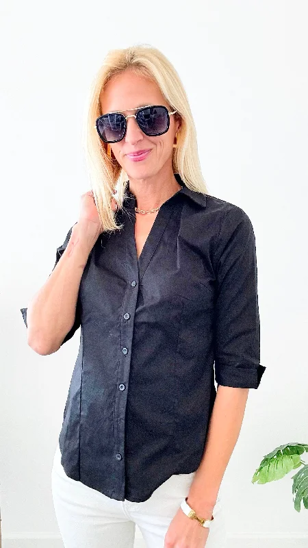 V-Neck Blouse - Black Relaxed Fit Blouse