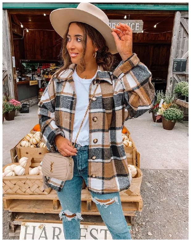 Women Casual Autumn Color Blocking Long-Sleeved Single-Breasted Lapel Loose Plaid Shacket Puff Sleeve Blouse