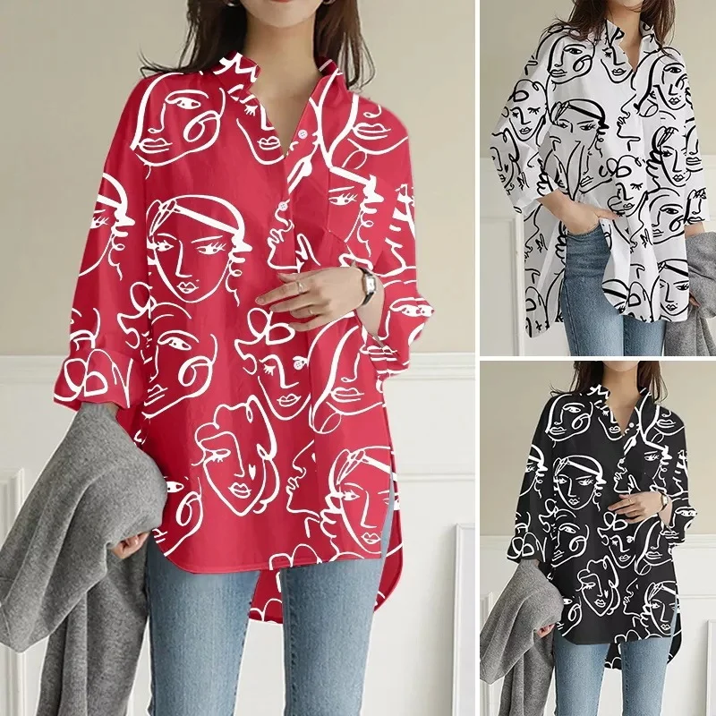 Women Casual Fashion High-Low Hemline Abstract Print V Neck Loose Blouse Satin Drape Blouse