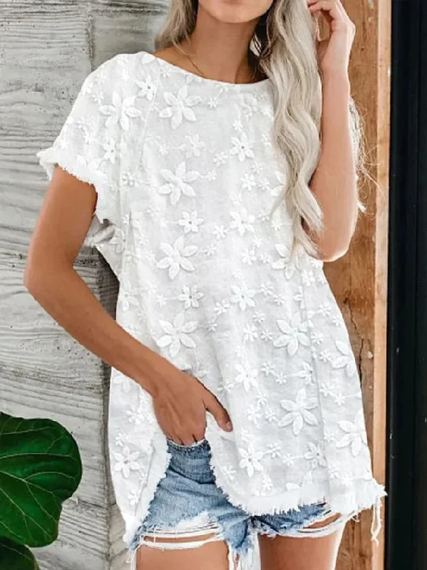 Women Casual Summer Loose Lace Short Sleeve Solid Color Blouse Relaxed Fit Blouse