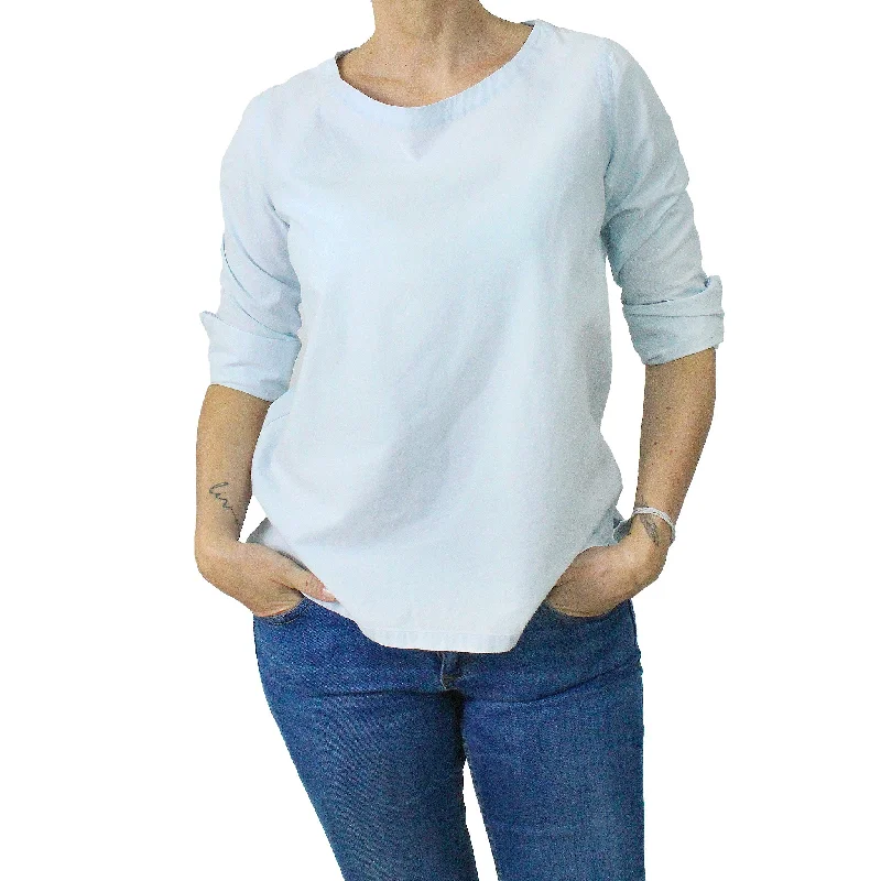 Women's cotton denim blouse with boat neckline and long sleeves Office-Ready Blouse