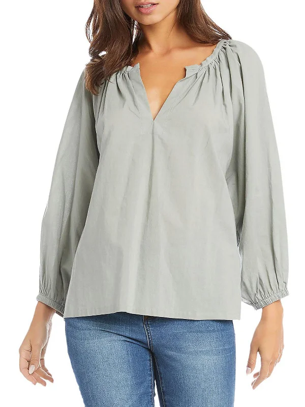 Womens Pleated V-Neck Blouse Soft Modal Blouse